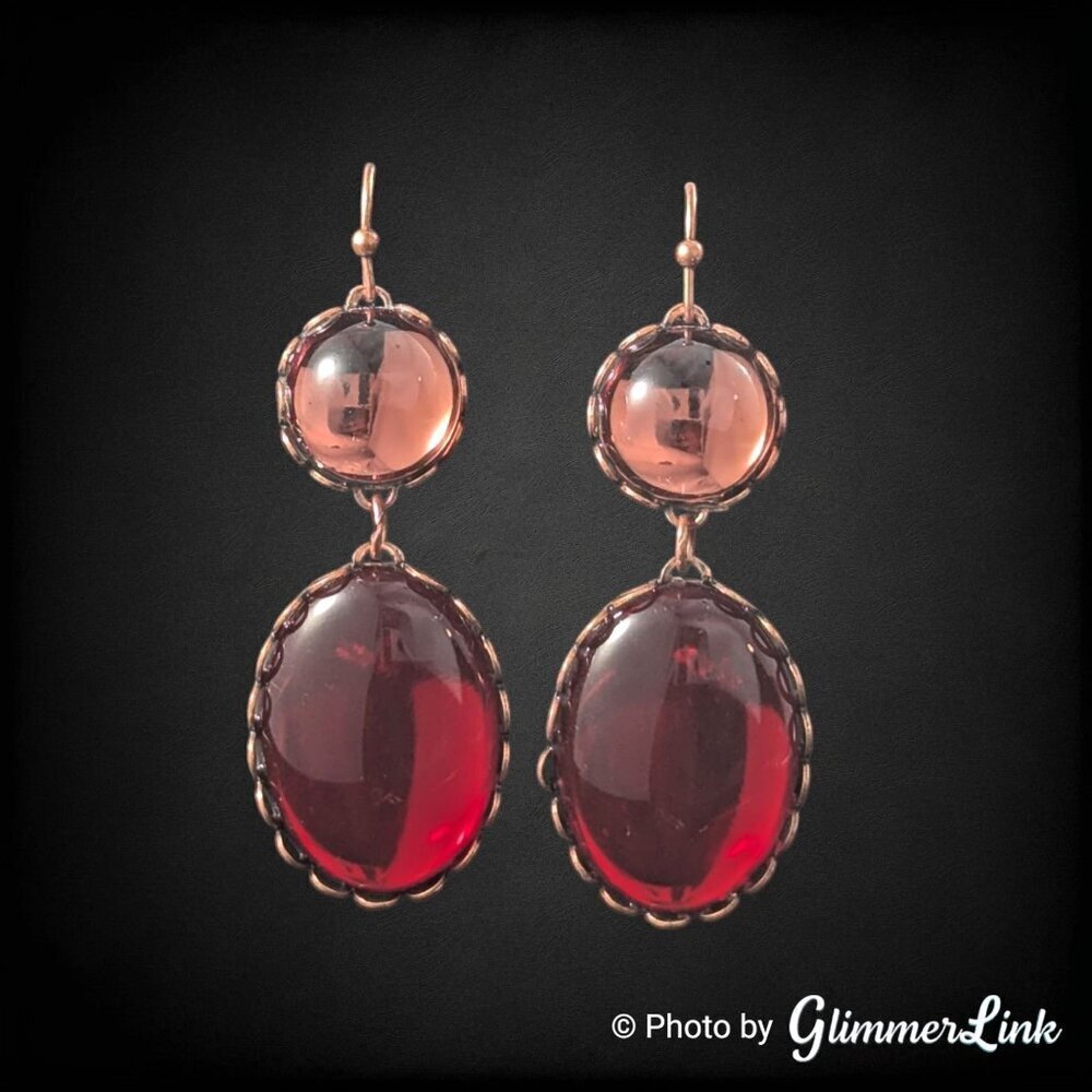 Art Deco Style Tiered Peach Red Cabochon Copper Dangle Pierced Earrings